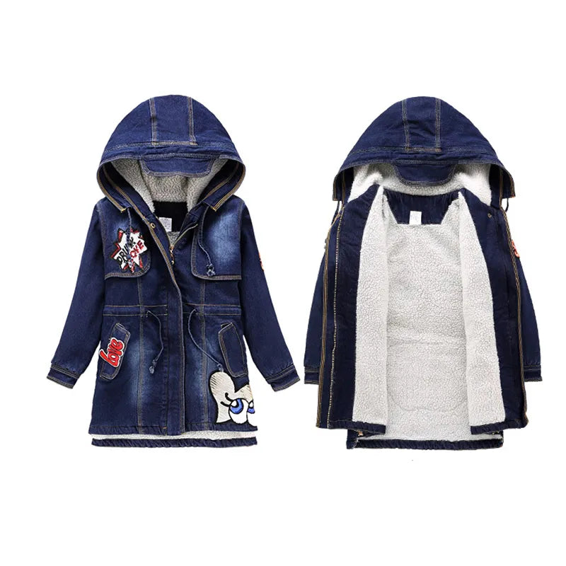 Girls Denim Jacket for Autumn Winter New Children Long Clothes Girl Kids Thick Warm Outerwear Coats Denim Cotton Hooded Jacket