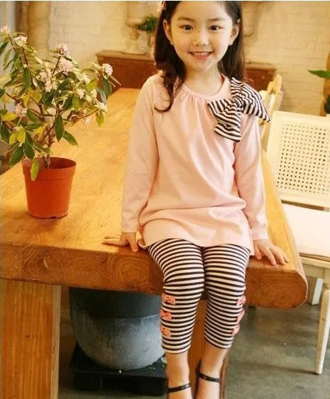 Retail and wholesale 2022 spring and autumn toddler girl clothing sets children clothes kids top with bow+striped leggings 2pcs