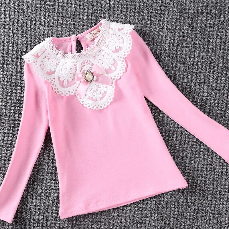 Spring Winter 2021 Girls White Blouses Shirts Fashion Autumn Warm Long Sleeve Lace Shirt Cotton Flower Student School Clothes