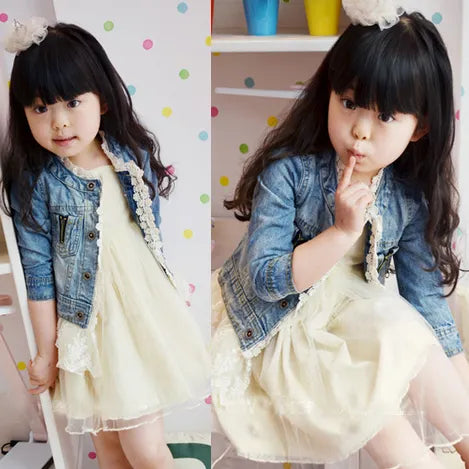 Girls Jean Jackets Kids Lace Coat Long Sleeve Button Denim Jackets For Girls 2-7Y New Woolen Fashion Patchwork