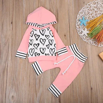 Citgeett Spring Toddler Kids Baby Girls Clothes Pink Love Hooded T-shirt Tops +Long Pants Outfits Set Clothes 0-3Y