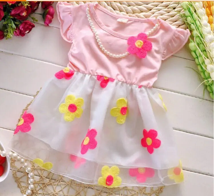 Free shipping 1pcs retail girls dresses summer 2019 pearl flower dress kids clothing for sale roupas infantis menina