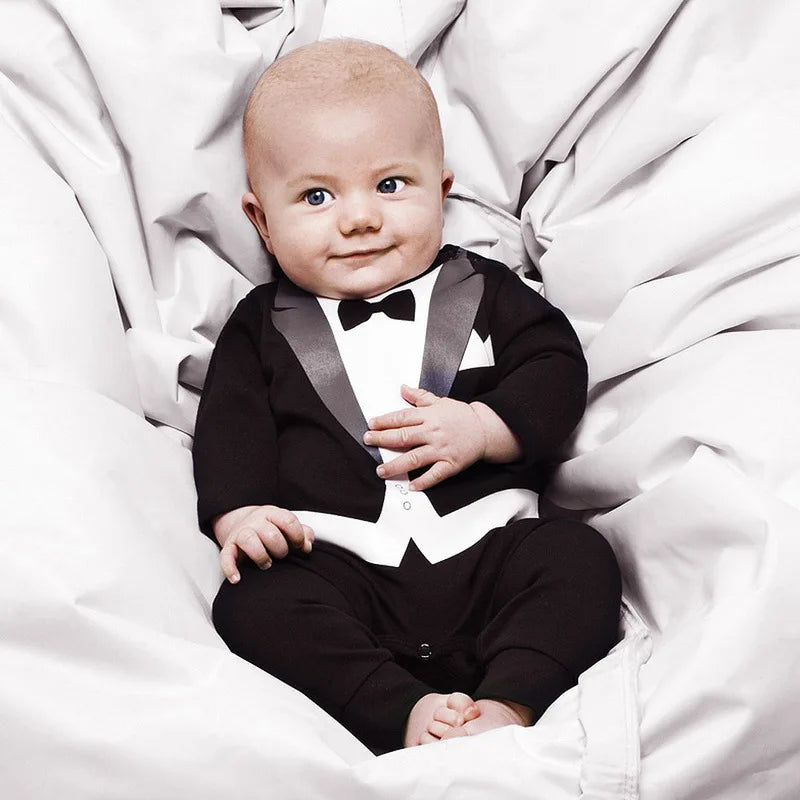 Cute Retail Baby Boys Black White Cotton Suit Set Kids Long Sleeve Gentlemen Style Bodysuit Kids Romper Jumpsuit Sets 4Sizes