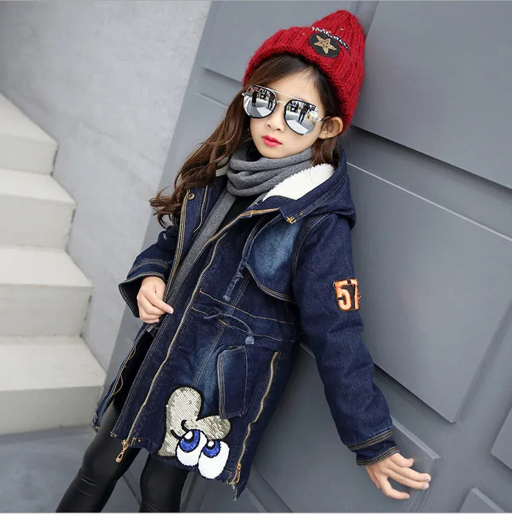 Girls Denim Jacket for Autumn Winter New Children Long Clothes Girl Kids Thick Warm Outerwear Coats Denim Cotton Hooded Jacket