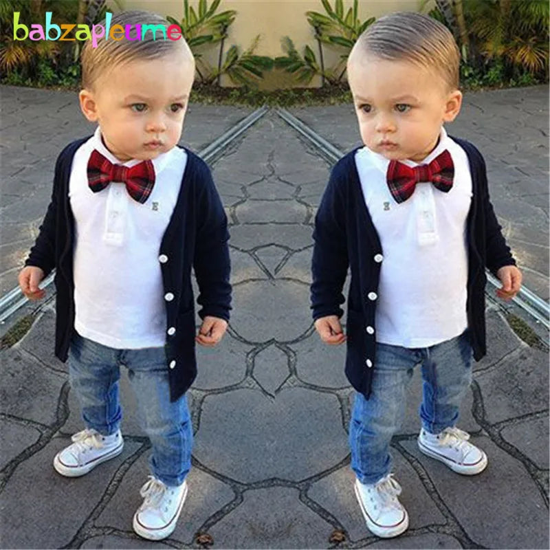 3Piece Set Spring Autumn Baby Boy Clothes Casual Fashion Gentleman Cardigan Coat+T-shirt+Jeans Children Boutique Clothing BC1161