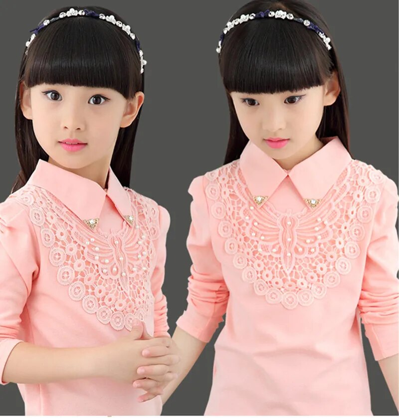 School Girls Blouse Shirts New 2021 Spring Fashion Kids Solid Turn-Down Lace Flower Blouses High Quality Children Cotton Clothes