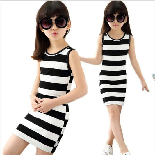 Children dressed in black clothes and white stripes 100% Cotton 3-14 years old vest dresses for teens