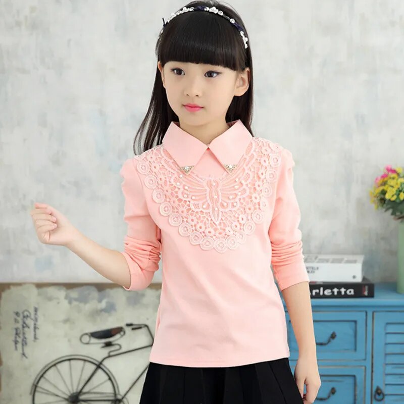 School Girls Blouse Shirts New 2021 Spring Fashion Kids Solid Turn-Down Lace Flower Blouses High Quality Children Cotton Clothes