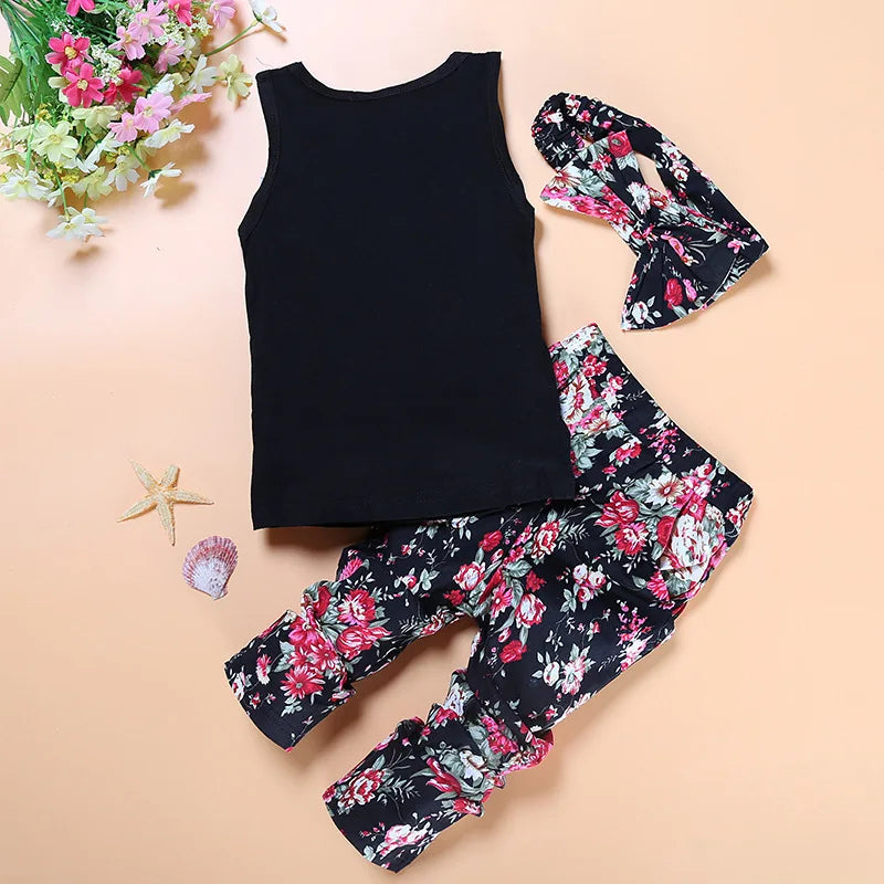 Summer Girls Clothing Kids Outfits Baby Flowers Sleeveless Vest+Pants+Headband 3pcs Girl Sets Children Tracksuit 0-7Years BC1135