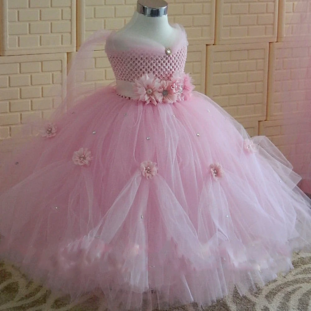 2-8Y Flower Girl Princess Dress Kid Party Pageant Wedding Bridesmaid Tutu Dresses Pink Lavender Kids Dress for Girls PT153
