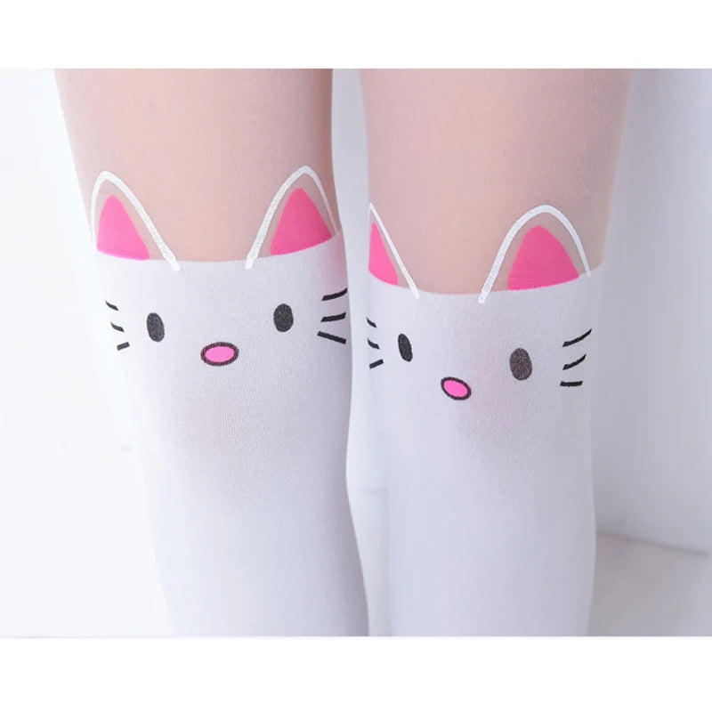 Summer Children's Baby Kids Girls Thin Tights Pantyhose Knee Fake Tattoo Velvet Stocking white Cartoon Kitty Cat 3-8Y new 2016