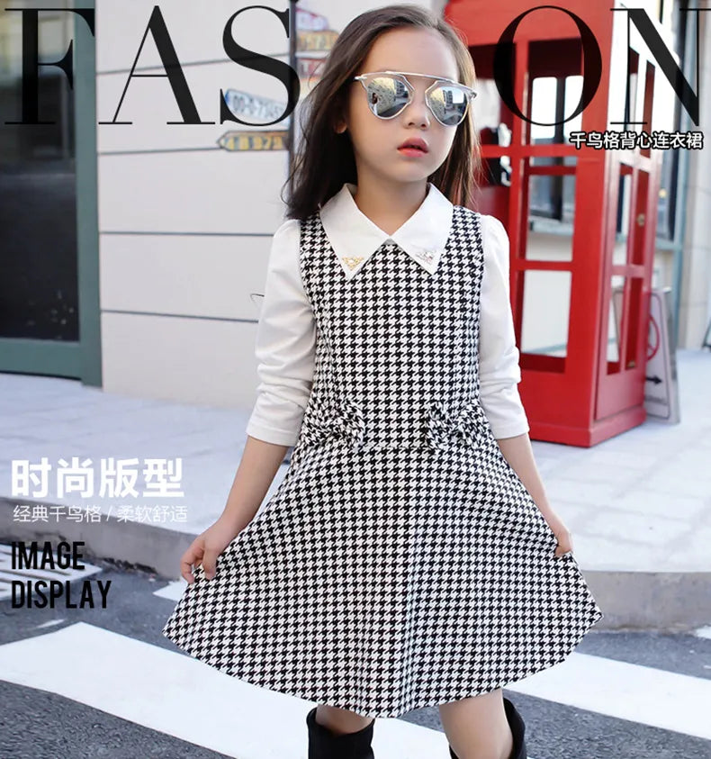 High Quality Girl Dress 2020 Spring and Autumn New Girls Houndstooth Dress Baby Girl Sweater Dress Plaid Pattern Dress