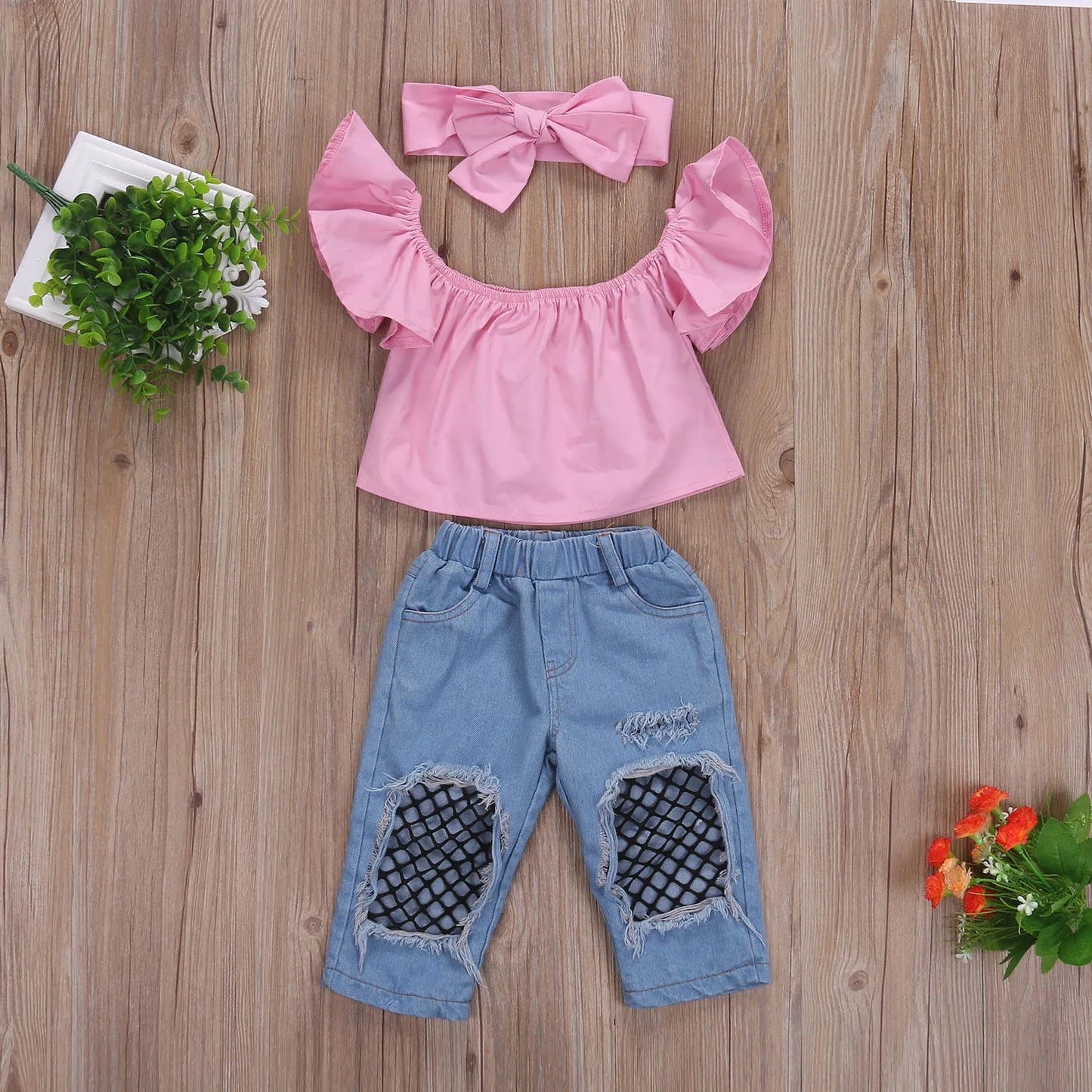 3PCS Baby Girl Clothing Set Newest Arrival Kids Toddler Girls Off Shoulder Tops+Denim Fishnet Pants Casual Outfits Set for 0-6Y