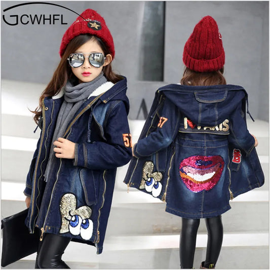 Girls Denim Jacket for Autumn Winter New Children Long Clothes Girl Kids Thick Warm Outerwear Coats Denim Cotton Hooded Jacket