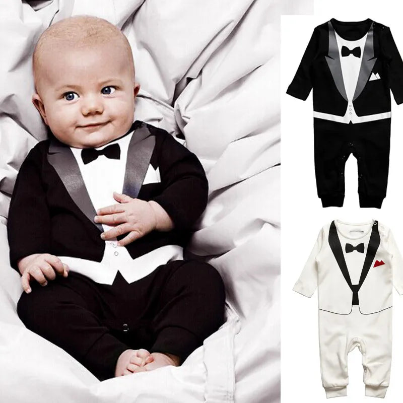 Cute Retail Baby Boys Black White Cotton Suit Set Kids Long Sleeve Gentlemen Style Bodysuit Kids Romper Jumpsuit Sets 4Sizes