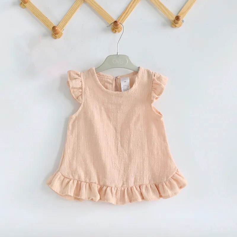 Ruffle Sleeve Summer Girls Blouses Tops Linen Cotton Lace Casual Children Kids Baby Girl Clothes Shirts Dress