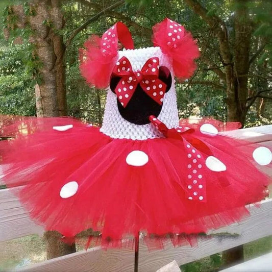 Girls Red Mickey Tutu Dress Baby Crochet Tulle Dress with White Dots and Hairbow Kids Birthday Party Tutus Cartoon Cosplay Dress