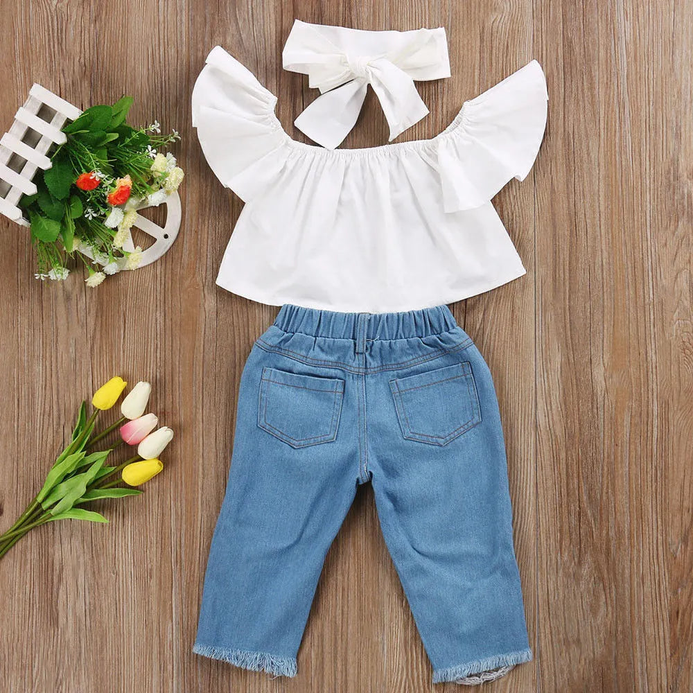 2020 New Brand Toddler Infant Child Girl Kids Off Shoulder Tops Denim Pants Jeans Outfits Headband 3Pcs Set Fashion Clothes 1-6Y
