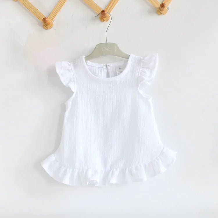 Ruffle Sleeve Summer Girls Blouses Tops Linen Cotton Lace Casual Children Kids Baby Girl Clothes Shirts Dress