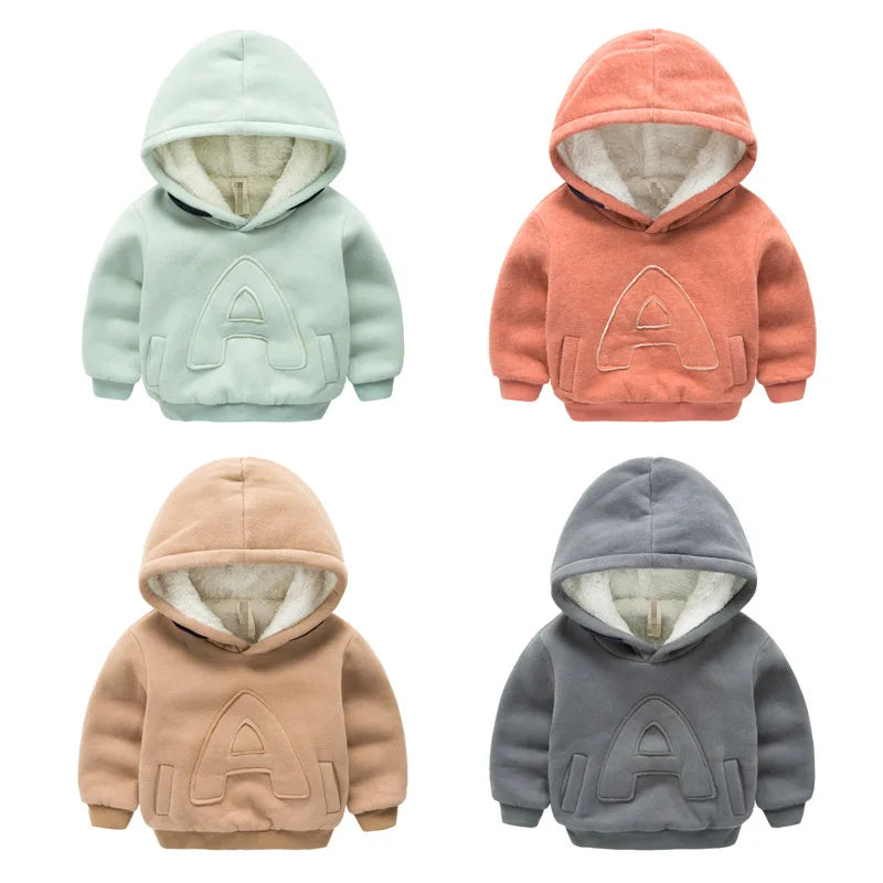 Winter Kids Plus velvet sweatshirts hoodies Thick cotton Fashion Baby Boys girl Warm Cashmere coat  clothes  Solid color letters