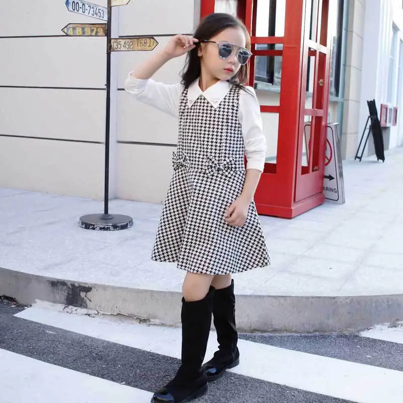 High Quality Girl Dress 2020 Spring and Autumn New Girls Houndstooth Dress Baby Girl Sweater Dress Plaid Pattern Dress