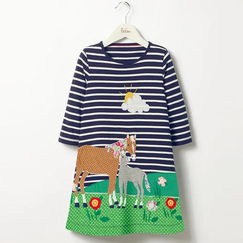 Girls Dress 2021 New Autumn England Style Girls Clothes Long Sleeve Cartoon Forest Animals Graffiti for Kids Dresses 1-6Y