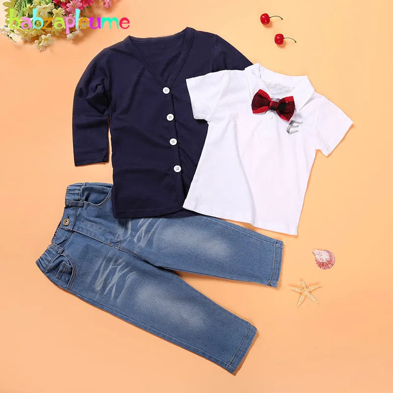 3Piece Set Spring Autumn Baby Boy Clothes Casual Fashion Gentleman Cardigan Coat+T-shirt+Jeans Children Boutique Clothing BC1161