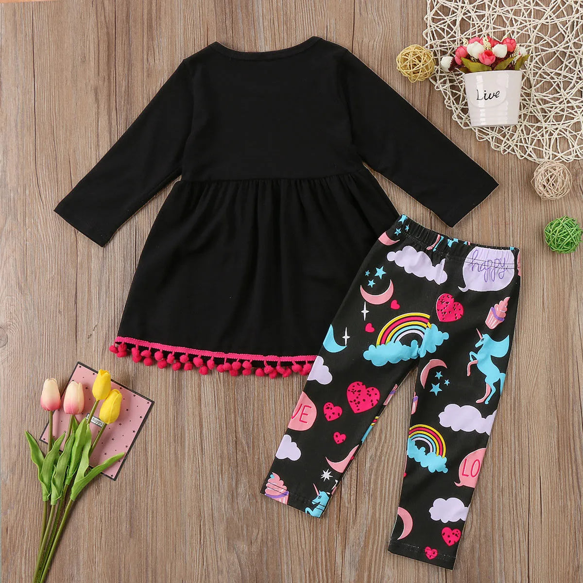 Emmababy Unicorn Baby Girls Clothes Set 2-7Y Kids Baby Girls 2PCS Cartoon Clothes Set Long Sleeve Mini Dress+Long Printed Pants