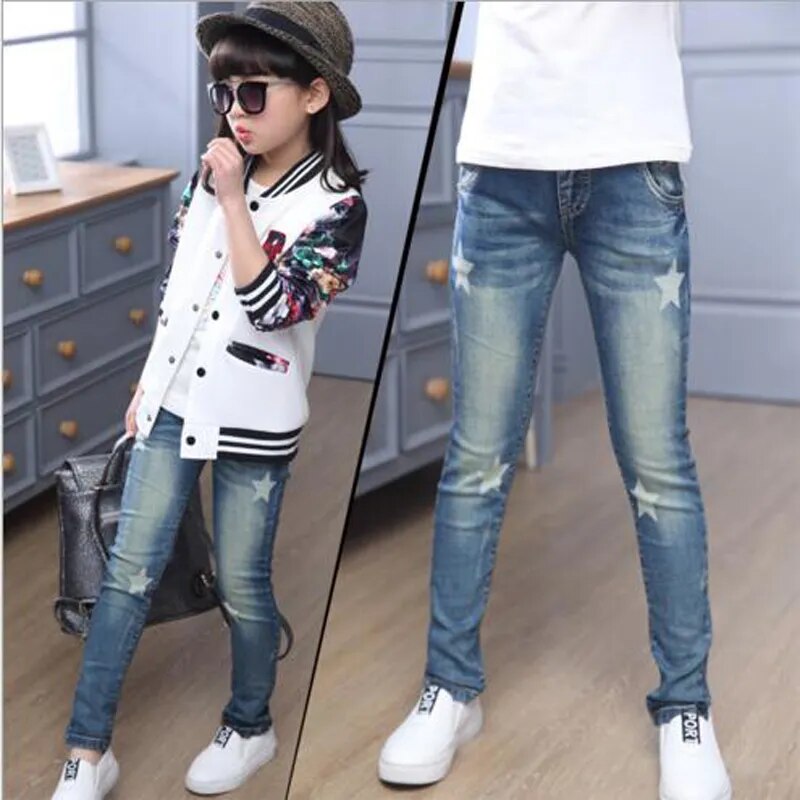 Girls pants full-length Jeans girls kids trousers embroidery jeans denim casual pants 5-14Y children pants outwear free shipping