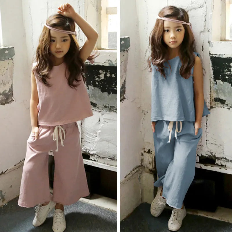 Children's Clothing Girls Set Solid Color Children's Casual Fashion Top Cotton Shirt + Cropped Pants Set