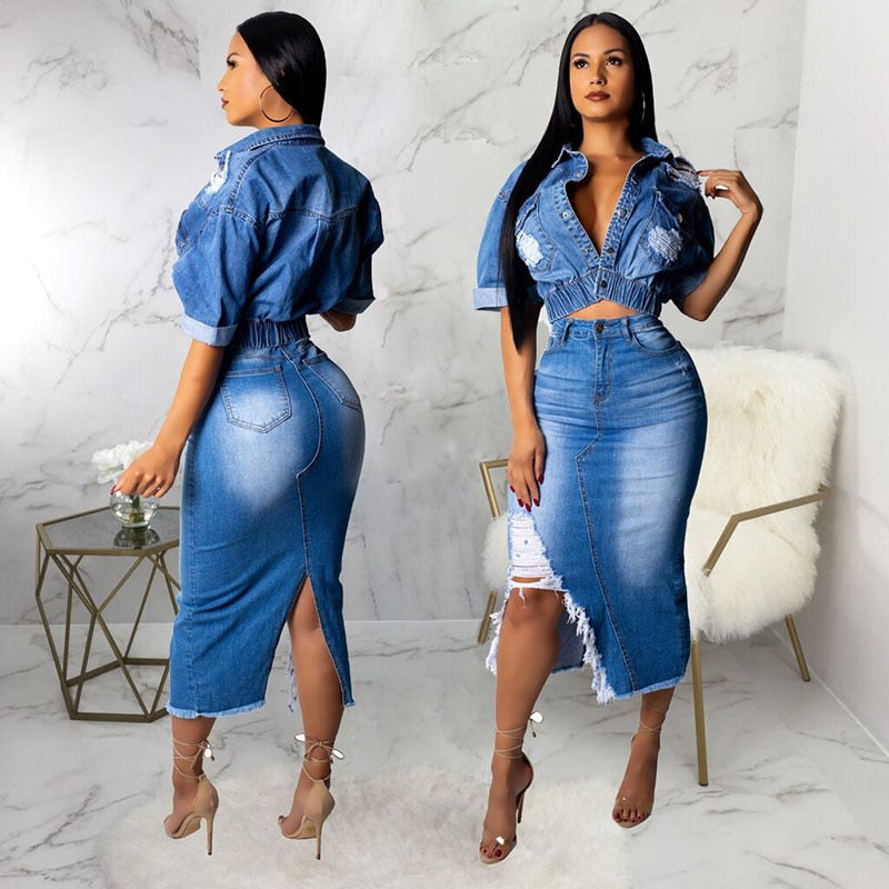 African Summer Women's Sets Casual Slim Jeans Dress Women Short Jacket +tassel Skirt Jeans Denim 2 Piece Set  Denim Matching Set