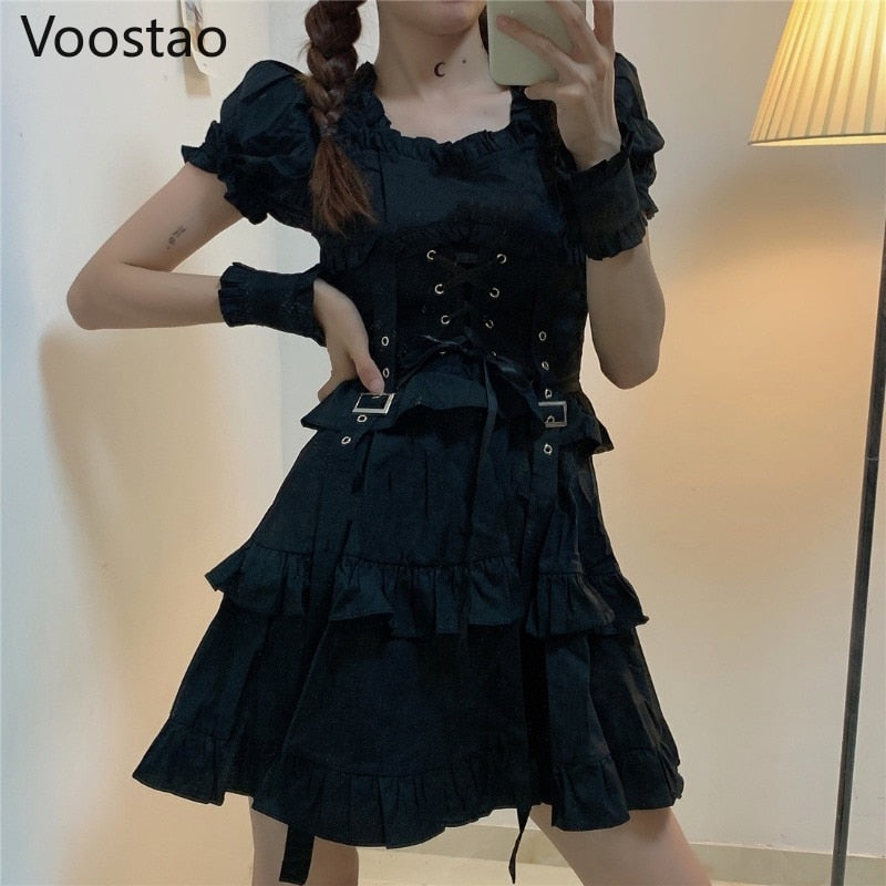 Japanese Women Black Gothic Lolita Dress Victorian Renaissance Retro Chic Punk Style Puff Sleeve Bandage Mini Dress Girl Dresses