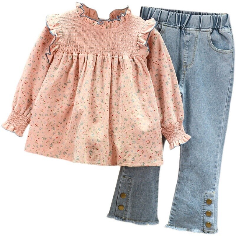 Children'S Clothing 2022 Spring Autumn New Floral Cute Baby Shirt +Denim Bell Bottom Jeans Pants Casual Sweet Girls Clothes Suit