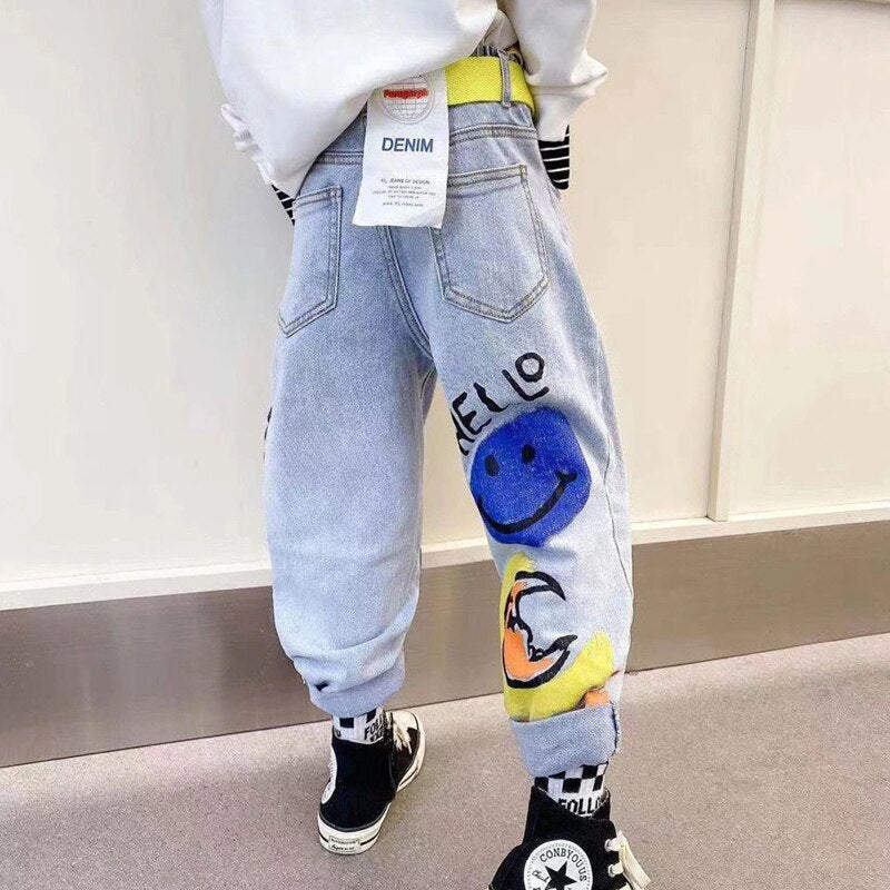 Boys Girls Pants Fashion Jeans Kids Elastic Waist Trend Sport Casual Pants Spring Autumn Teenager Sweatpants Children Bottoms