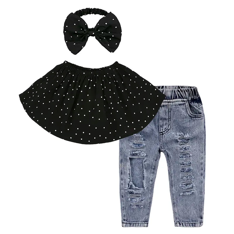 PR-077 Summer Autumn Style Children Girls Clothes Set Letter Print T-shirt+Denim Pants+Headband 3Pcs Baby Girls Outfits for Sale