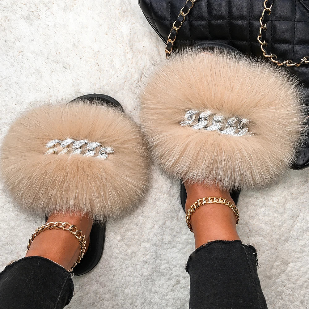 Real Fox Sandals Furry Fur Slippers Fluffy Diamond Chain Flip Flops  Fur Slides For Women Ladies House Slippers Beach Designer