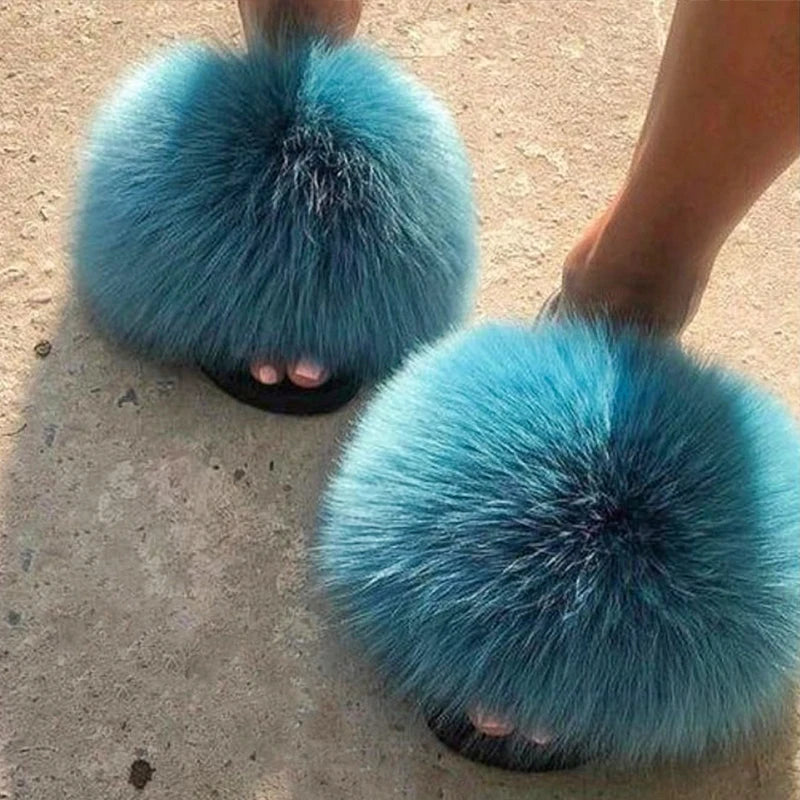 Extra Large Fur Slippers Real Fox Raccoon Fur Slides Flat Flip Flops Beach Designer Sandals Cute Plush Hair Furry Shoes Woman