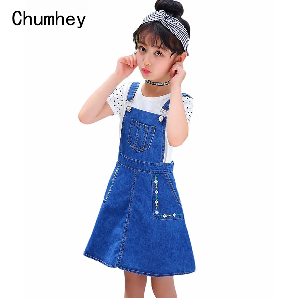 Chumhey 2-16T Girls Sundress Bib Suspender Dresses Summer Straps Kids Pinafore Denim Overalls Children Clothing Girl Clothes