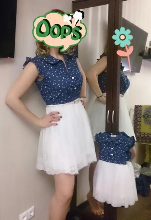 Mother Daughter Dresses 2021 Summer Family Outfits Mom and Daughter Dress Matching Clothes Blue White Dress for Kids and Women