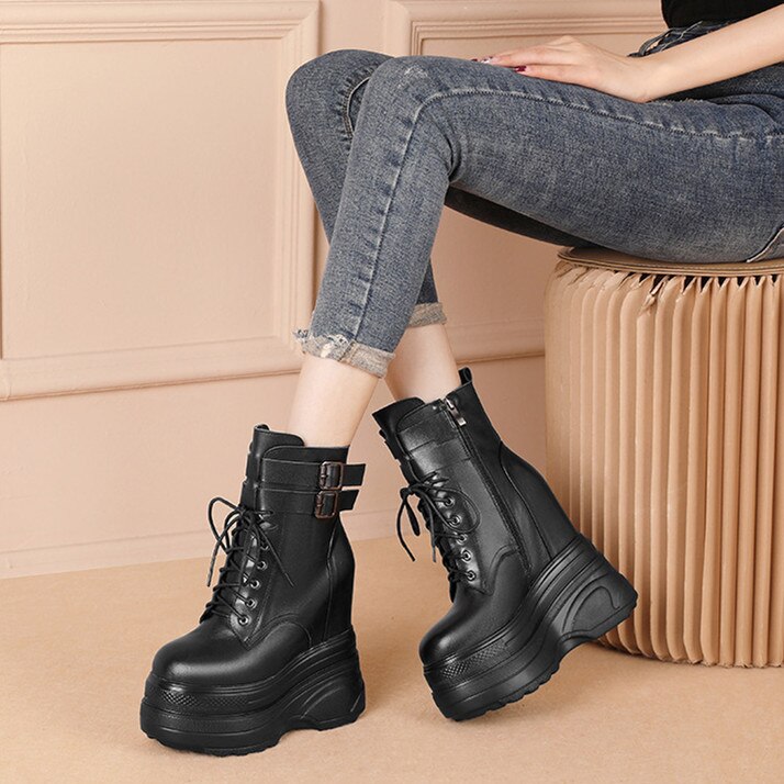 2022 Designer Genuine Leather Autumn Winter Fashion Ankle Boots New Women Wedges High Heels Thick Bottom Platform Shoes E0111