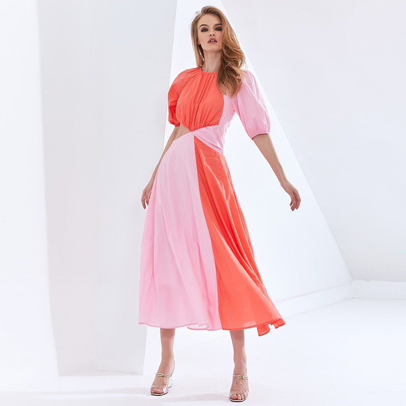 TWOTWINSTYLE Patchwork Hit Color Asymmetrical Summer Dress For Female Puff Sleeve High Waist Hollow Out Dresses Women 2021 New