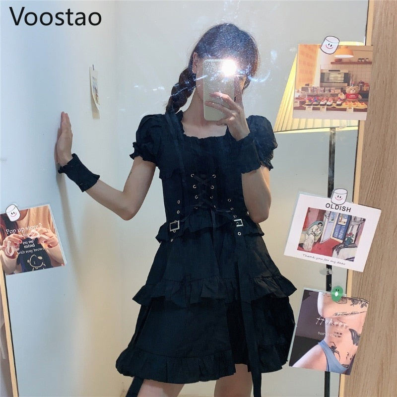 Japanese Women Black Gothic Lolita Dress Victorian Renaissance Retro Chic Punk Style Puff Sleeve Bandage Mini Dress Girl Dresses