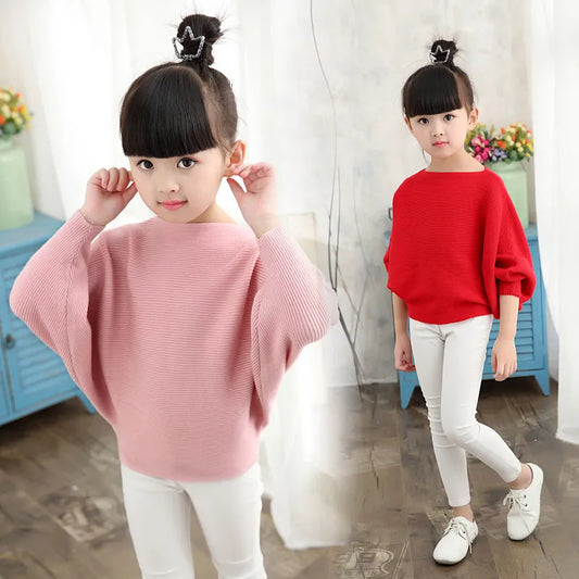 2023 Autumn Children's Clothes Girls Knitted Sweaters Solid Thin Girl Bat Sweaters For Girls Big Kids Pullovers Sweater
