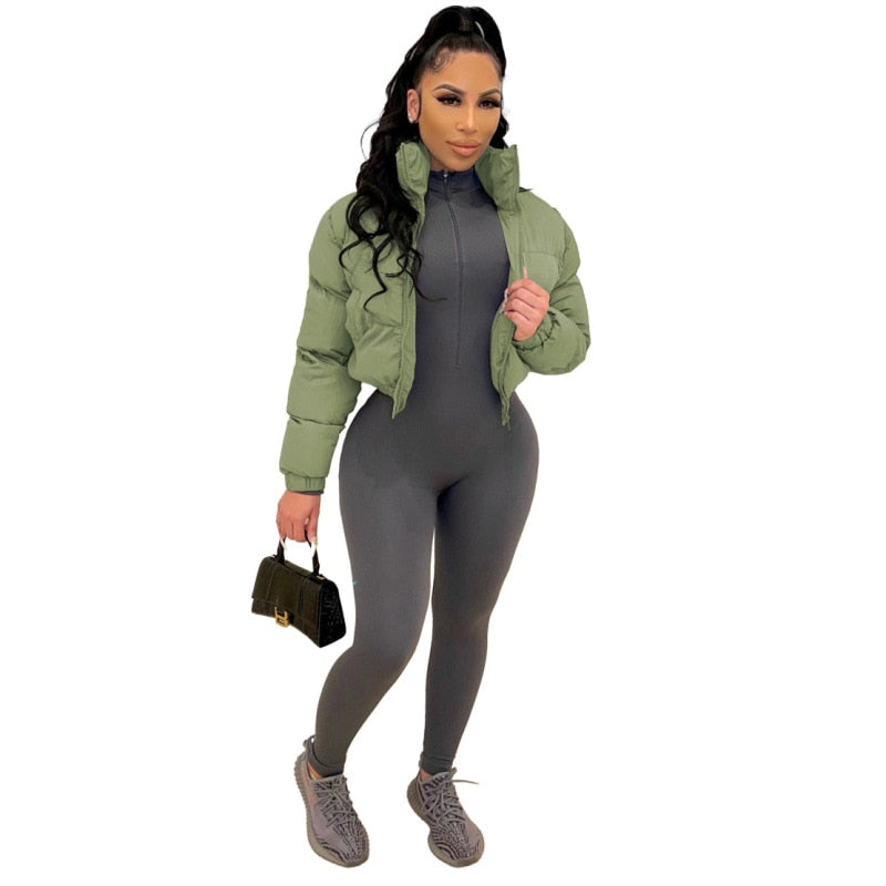 Crop Puffer Jacket Women Black Zipper V Neck Long Sleeve Ladies Warm Down Short Parkas Coats Outwear Short Coat