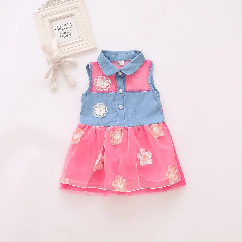 Baywell Princess Cute Kids Girl's Denim Sleeveless Tops Tulle Tutu Dresses Mini Dresses 1-6Y