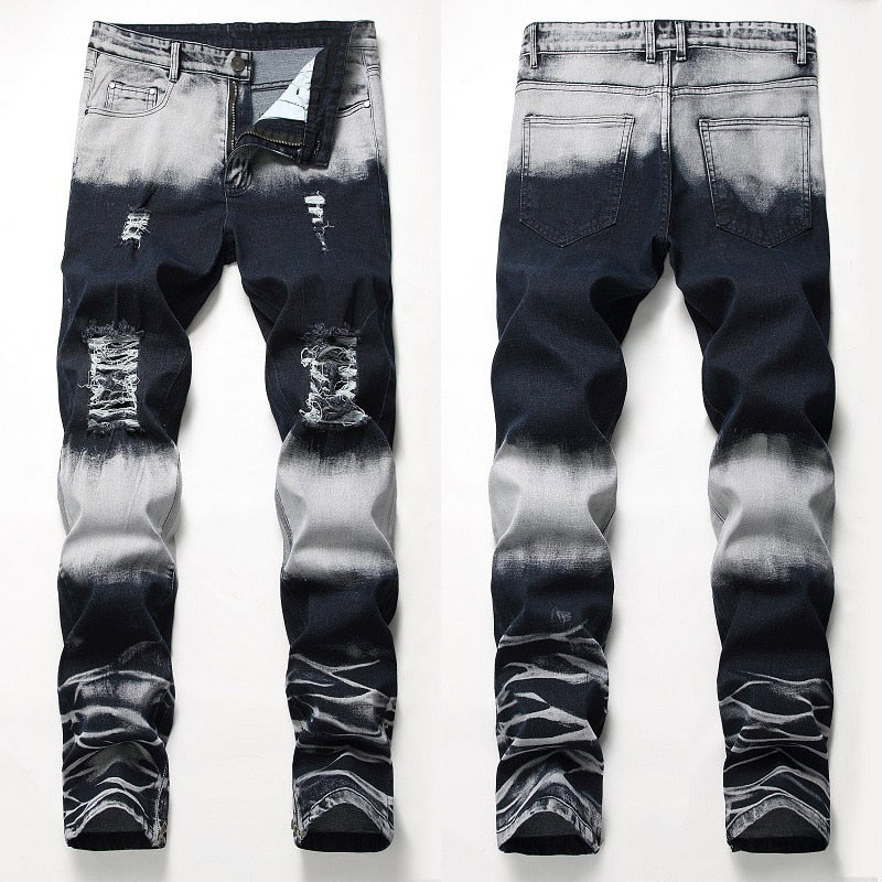 Men’s High Quality Tie-Dyed Stretch Denim Pants,Slim-fit Ripped Jeans pants,Zipper Leg-opening Casual Jeans,Youth Cool Must