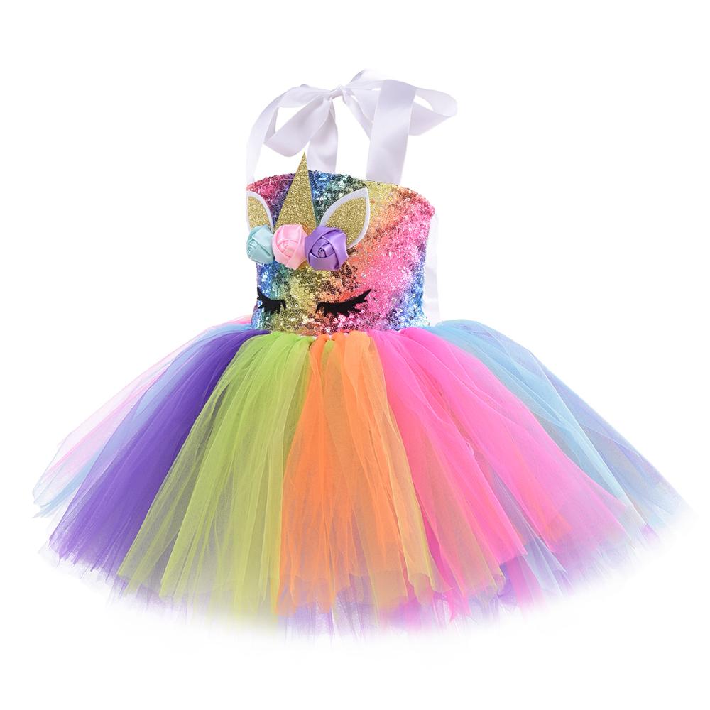 Rainbow Sequin Unicorn Kids Dress Up Costumes Princess Girl Dress Party Costume Halloween Flower Girls Dresses for Weddings Knee