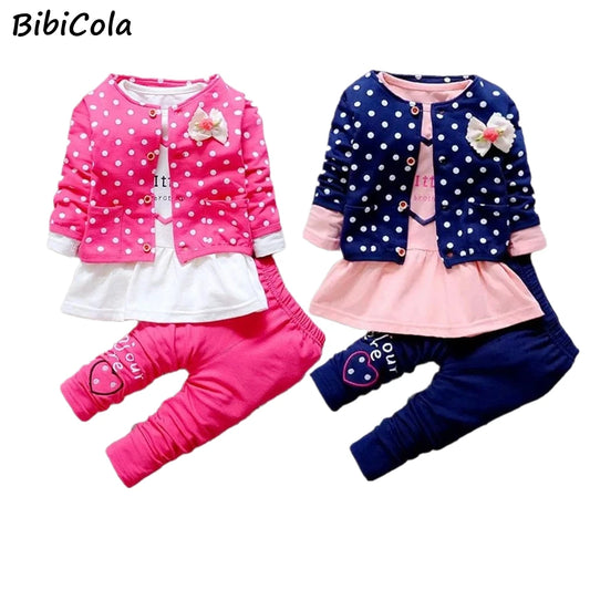 BibiCola Baby Girl clothing Sets kids 2PCS coat+ T shirt + Pants children Cute Princess Heart-shaped Print Bow baby girl outfits