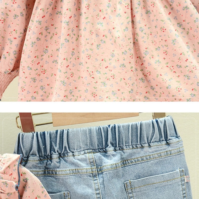 Children'S Clothing 2022 Spring Autumn New Floral Cute Baby Shirt +Denim Bell Bottom Jeans Pants Casual Sweet Girls Clothes Suit