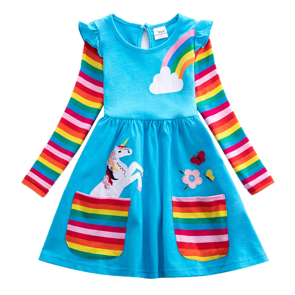 Girls Long Sleeve Unicorn Dress Autumn New Embroidered Cotton Kids Dress Dress Flower Round Neck Dress LH5908